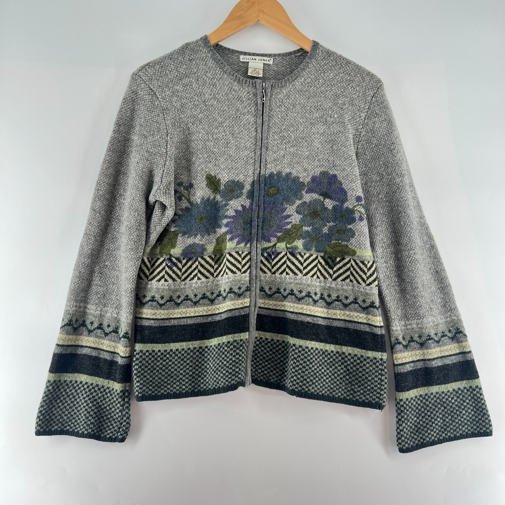 Vtg Jillian Jones Gray Floral Lambswool Zip Sweater L Cottagecore Bell Sleeves
